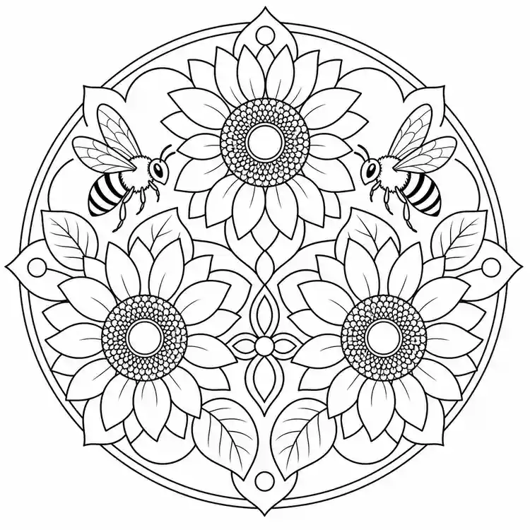 Bees and Sunflowers Mandala printable coloring page
