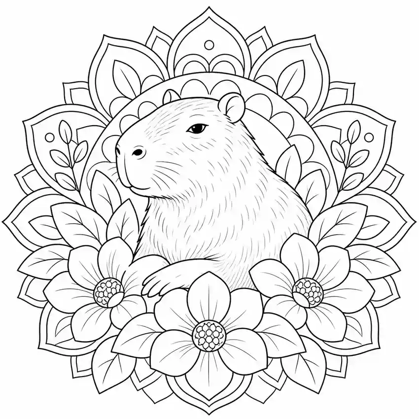 Capybara with Flowers printable coloring page